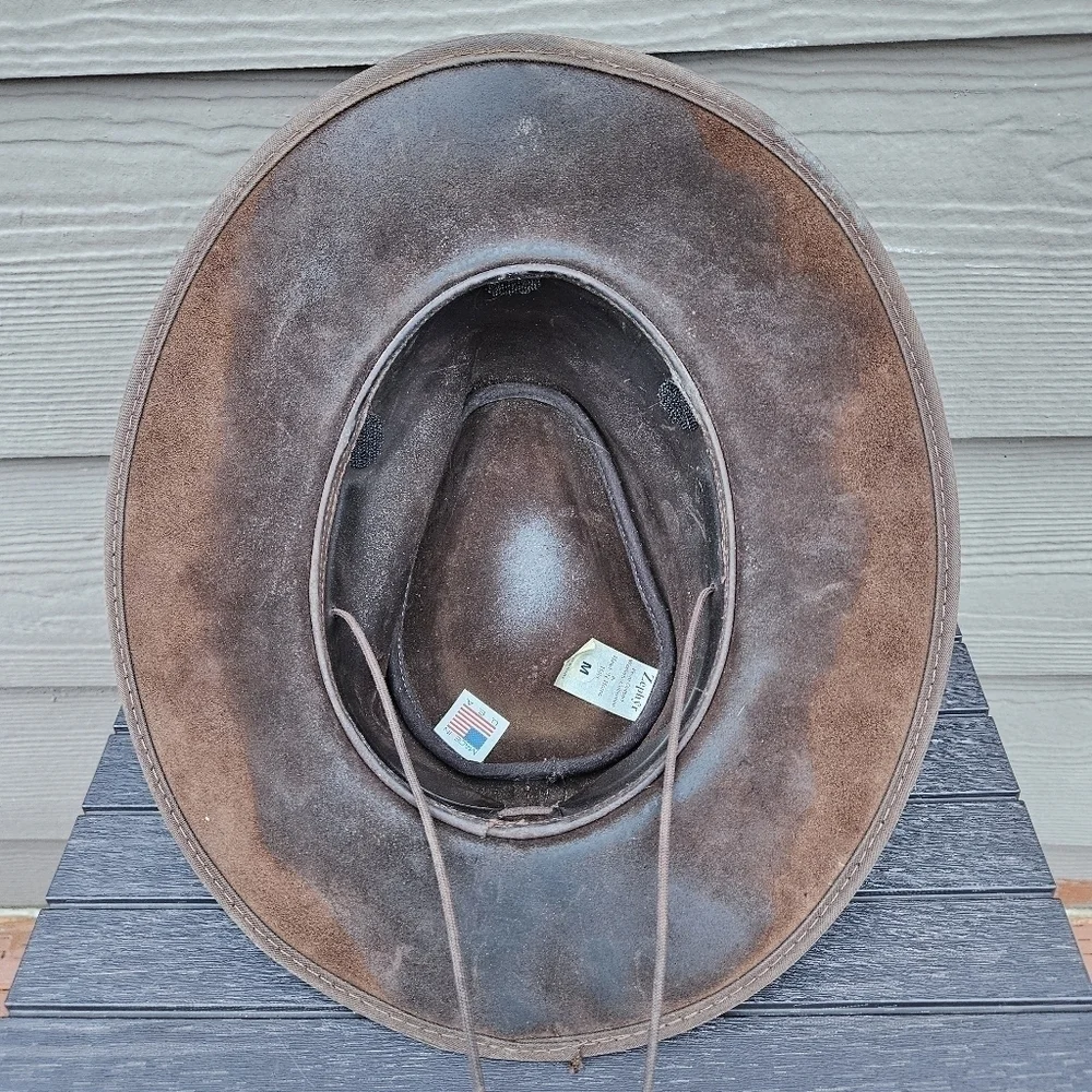 Zephyr Outback Western Rancher Hat Smooth Brown Leather w/ Chin Strap Vintage M
